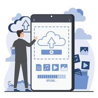 upload concept Cloud computing concept. illustration in flat style. Businessman with smartphone. vector