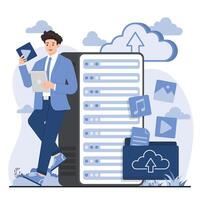 upload concept Man with laptop and cloud computing concept. illustration in flat style vector