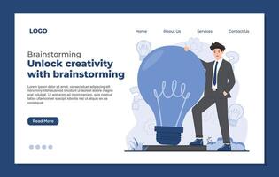web page design template. Businessman holding big lightbulb. team brainstorming concept idea vector