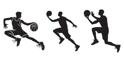Set of silhouettes of basketball players with different poses, isolated on white background vector