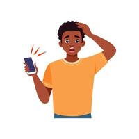 young man with a smartphone in his hand shows a panic expression vector