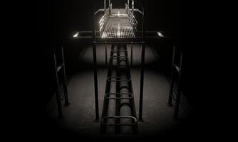 View of metal bridge corridor with pipe line in dark scene 3d render sci fi wallpaper background photo