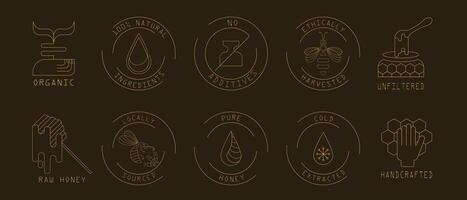 Gold quality certification icons for honey and bee products in outline style. illustrations for honey, wax, pollen, royal jelly, and beekeeping tools. Perfect for beekeepers, websites, and branding. vector