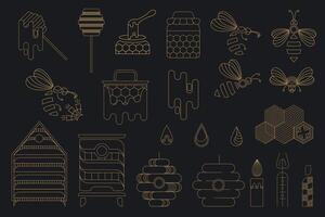 Geometric honey icon set in gold outline on a dark background featuring bees honeycombs hives candles spoons and honey drops perfect for branding packaging beekeeping and decor minimalist collection vector