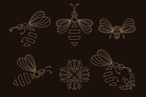 Geometric bee set in gold outline on a dark background featuring bees in various poses perfect for branding packaging beekeeping designs and decor minimalist insect collection vector
