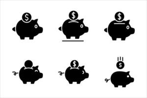 Piggy bank, linear style icon set, Piggy bank with a coin being inserted, Editable stroke width, on a white background. vector
