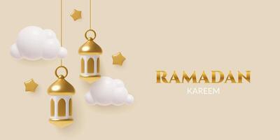 3d realistic Ramadan background with gold hanging lanterns clouds and stars. vector
