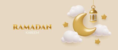 Ramadan Kareem poster in a 3d style with golden crescent hanging lantern stars and clouds vector