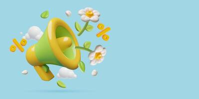 Spring sale event announcement background with a loudspeaker flying flowers and percentage sign vector