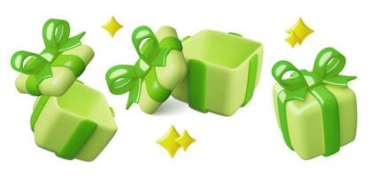 Green 3d gift boxes icons set with opened and closed presents realistic illustrations vector