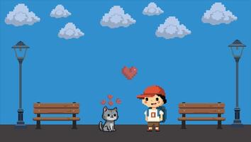 a simple pixel art of a cute cat and cute boy at the park with blue background vector