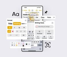 Writing Tools with Artificial Intelligence on Phone. Mobile Text Editing Interface with Formatting Options. Text Editor UI on Smartphone with Formatting and AI Writing Tools vector