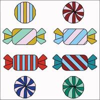 Candies, lollipop, sugar caramel in wrapper, gums and twisted marshmallow on stick. vector