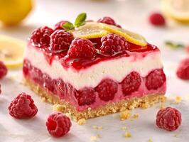 Refreshing raspberry dessert with lemon layers and creamy texture ready to enjoy. photo