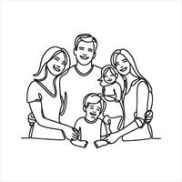Single one line Happy family in continuous line art black silhouette white background vector