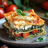 Delicious vegetarian lasagna with fresh vegetables and herbs on a plate. photo