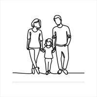 Single one line Happy family in continuous line art black silhouette on white background vector