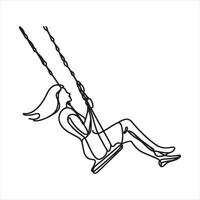 Single one line Continuous one line drawing youg woman swinging on swing black silhouette on white background vector