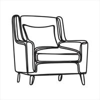 Single one line Armchair in continuous line art drawing style. Upholstered armchair with a pillow black linear sketch isolated on white background silhouette on white background vector