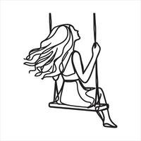 Single one line Continuous one line drawing youg woman swinging on swing black silhouette white background vector