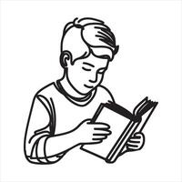 Single one line Boy studying with reading book black silhouette on white background vector