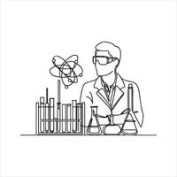 one line Lab experiment tools in continuous single one line art drawing silhouette white background vector