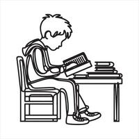 Single one line Boy studying with reading book black silhouette white background vector