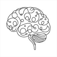 Single one line Brain continuous one line drawing black silhouette white background vector