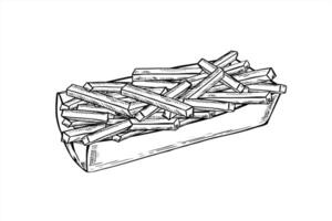 French fries in bio takeaway cardboard container illustration painted by black inks in linear style. Monochrome hand drawn potato sticks in craft paper dish outline drawing. Fast food for menu vector