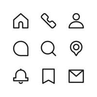 UI essential icon. UI icons. Home, Call, User, Chat, Search, Location, Bell, Bookmark and Mail icons. vector