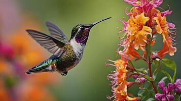 A photo hummingbird hovering over a flower.