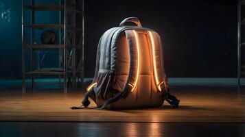A photo of a floating anti-gravity backpack emitting a soft glow.
