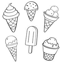 set of doodle with different ice cream types ice cream waffle cone, cup ice cream vector