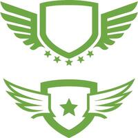 Flying emblem, eagle green color bird wing and winged frame. Aviation pilot patch badge, army insignia emblem or biker logotype sticker vector