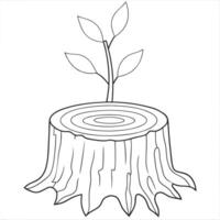 Black and white stump drawing with new leaves. Old tree pattern. vector