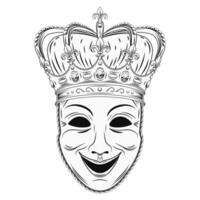 Theatrical comedy face mask with imperial crown with gemstones, fleur de lis sign on points. Detailed black and white illustration in vintage style. Front view. vector