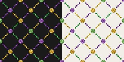 Geometric pattern with colorful Mardi Gras coins. Coins with crown icon. Diagonal square grid. Vintage illustration for prints, clothing, holiday, surface design vector