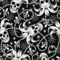 Seamless black and white Mardi Gras pattern with human skull in jester hat, interlaced strings of beads, Fleur de Lis symbol Randomly scattered objects. Festive holiday design. Vintage style vector