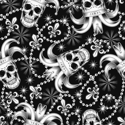 Seamless black and white Mardi Gras pattern with human skull in jester hat, interlaced strings of beads, Fleur de Lis symbol Randomly scattered objects. Festive holiday design. Vintage style