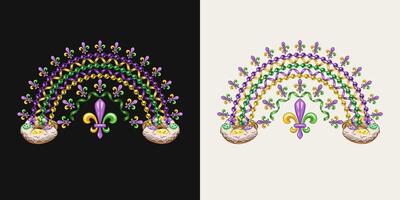 Rainbow made with bead strings, Fleur de Lis sign, king cake. Design element for Mardi Gras decoration. vector