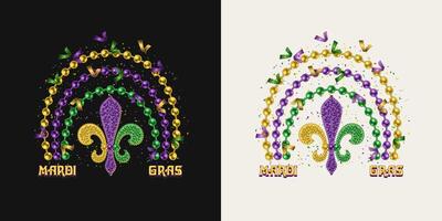 Rainbow made with bead strings, Fleur de Lis sign, flying confetti. Design element, composition with text for Mardi Gras decoration. vector
