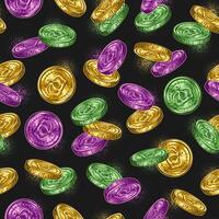 Mardi Gras themed seamless pattern with falling shiny coins, dotty halftone shapes on dark background. Coins with crown icon. Vintage style. vector