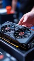 Technician installing new graphics card in gaming computer photo