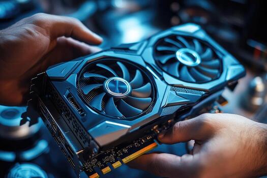Computer technician installing modern graphics card in desktop pc photo