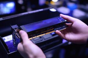 Technician installing new graphics card in desktop computer photo