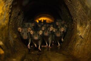 Group of rats coming out of sewer pipe at night photo