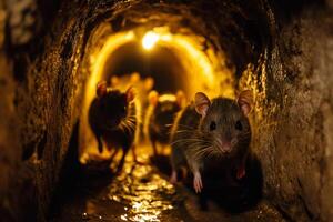 Group of rats coming out of sewer at night photo