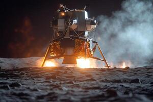 Lunar module is landing on the moon surface at night photo