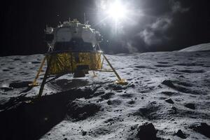 Lunar module landing on the moon surface with bright sunlight photo