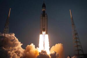 Space launch system rocket lifting off at twilight with smoke and fire photo